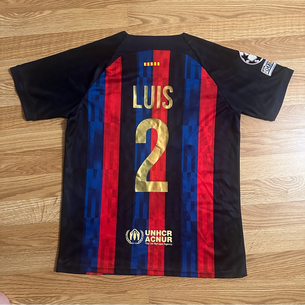 Luis Suarez FC Barcelona Soccer Black Blue and Red Striped Soccer Jersey Medium